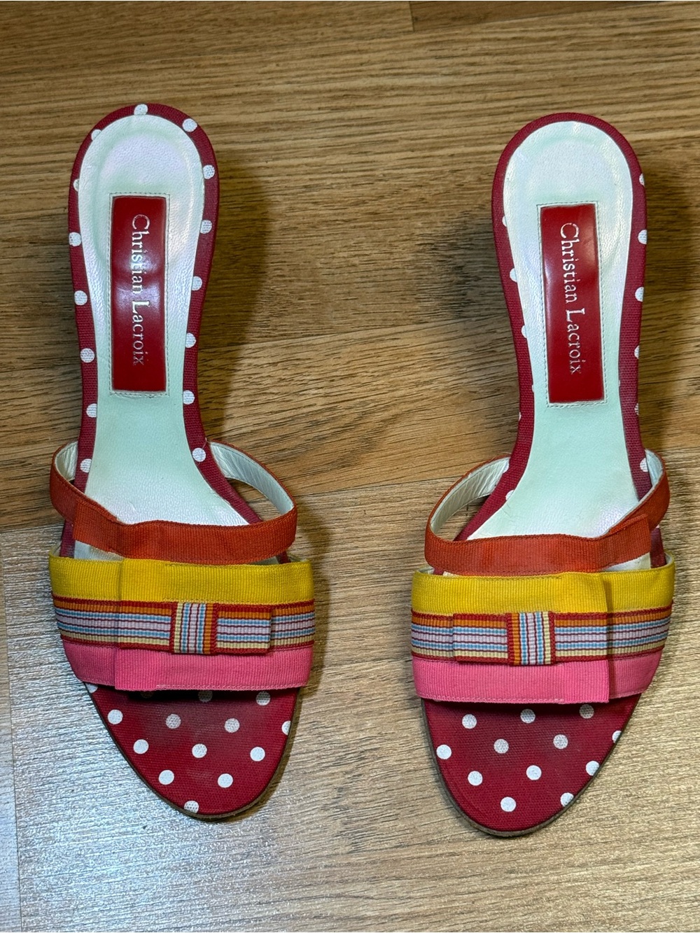 Christian Lacroix Red Polka Dot Multicolor Striped Bow Slide Mules Size 8